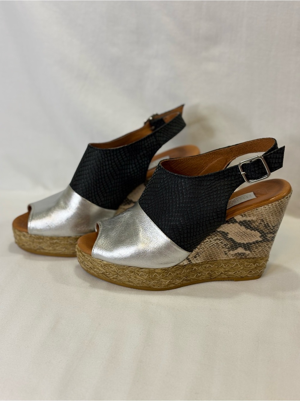 MAYPOL ANTHROPOLGIE Black Silver Snake-Print Espadrille Wedges SZ 7.5 EUC $180
